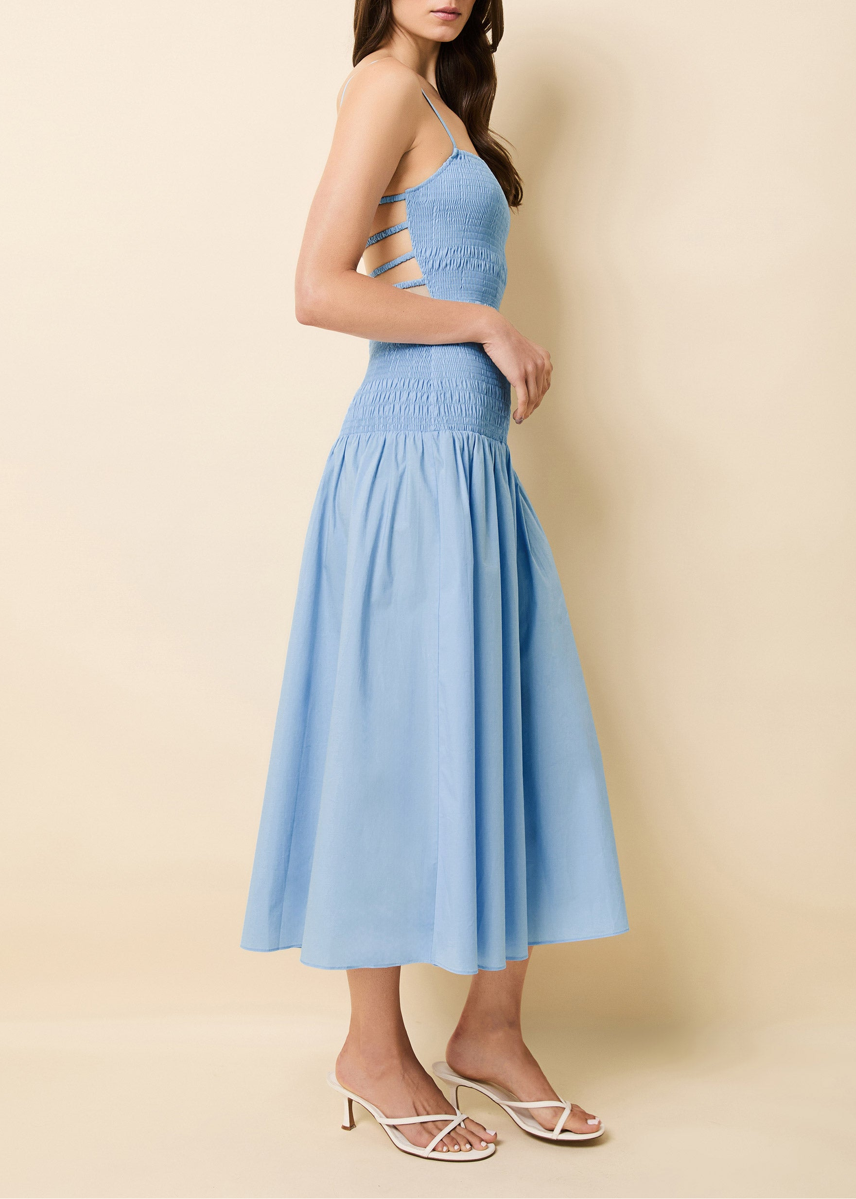 drop waist poplin dress Solid & Striped The Vida in Baby Blue Florginem Black Beading Lace Fabric_Cotton crafted from crisp cotton Dress Length:62
