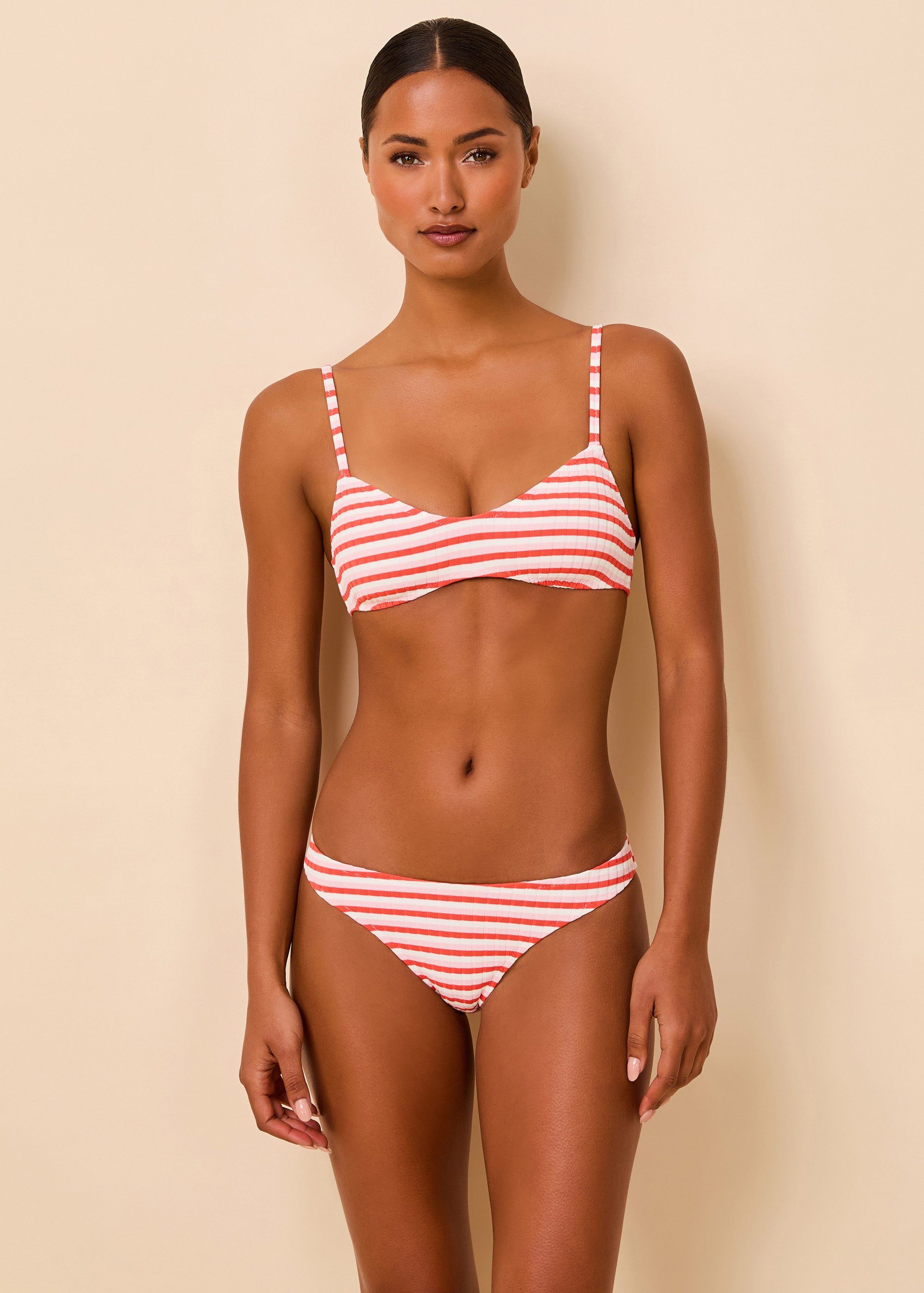 Rachel Luxe Ribbed Bikini Top Coral Carnation Optic Stripe