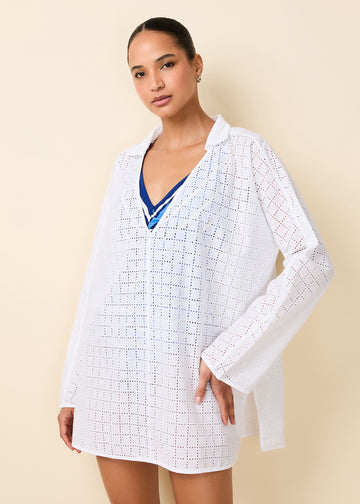 Alba Tunic Grid Eyelet Optic White - Solid & Striped