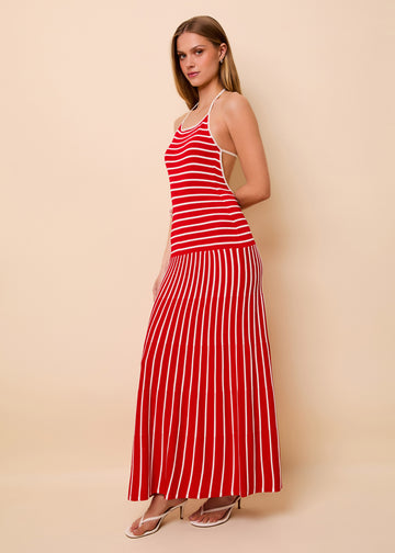 Lottie Dress Tucked Stripe Lipstick Red