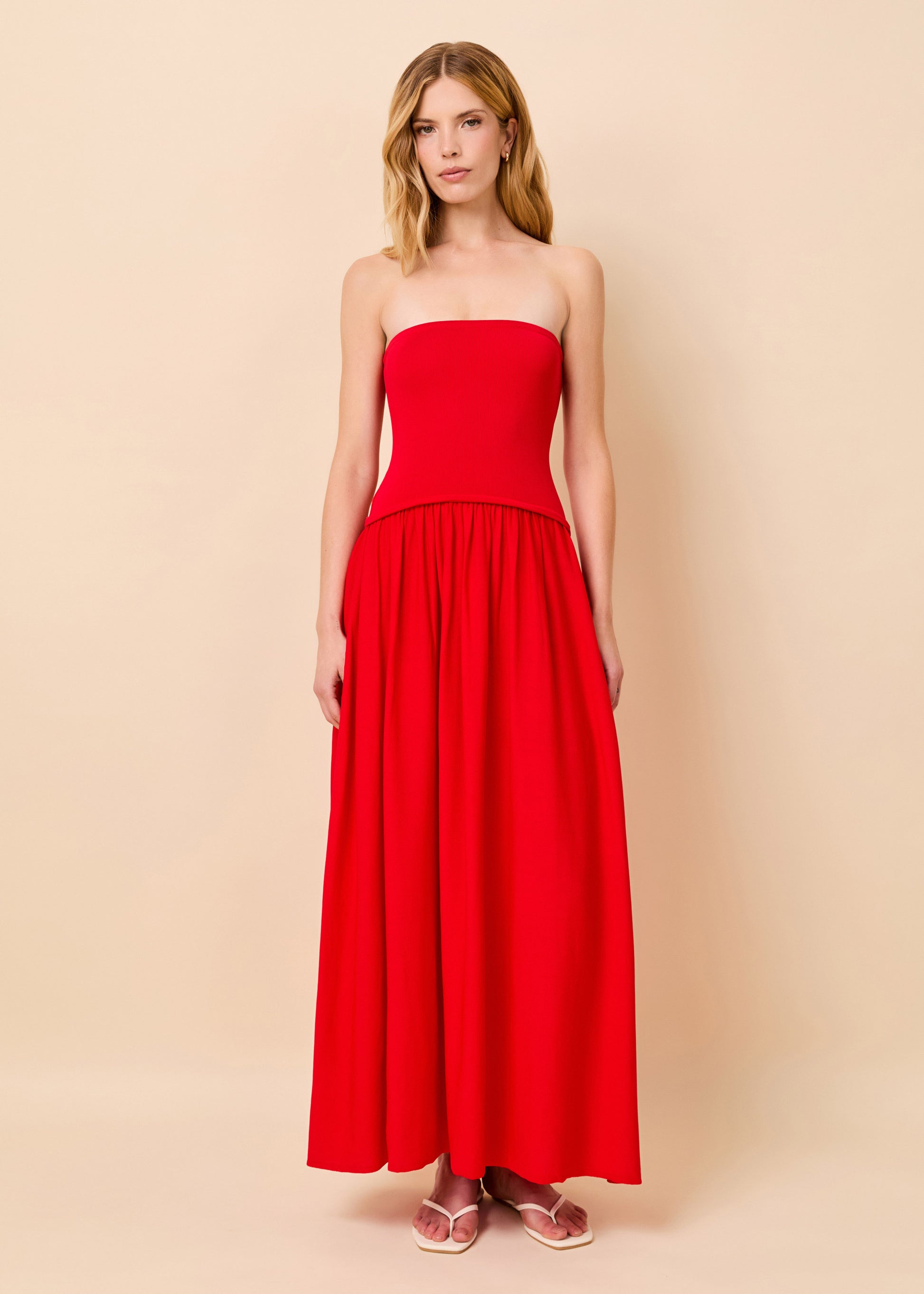 red strapless dress maxi Strapless Red Maxi Dress with Oversized Bow Detail