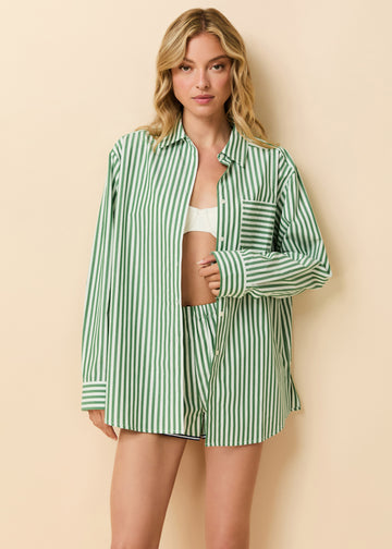 Avril Button Down Washed Green / Optic White Stripe