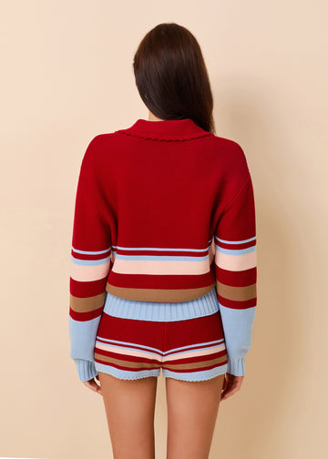 Cleo Pullover Cotton Cranberry Multi Stripe