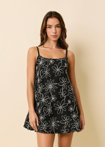 Lindsay Dress Embroidered Schfly Floral Doodle Noir