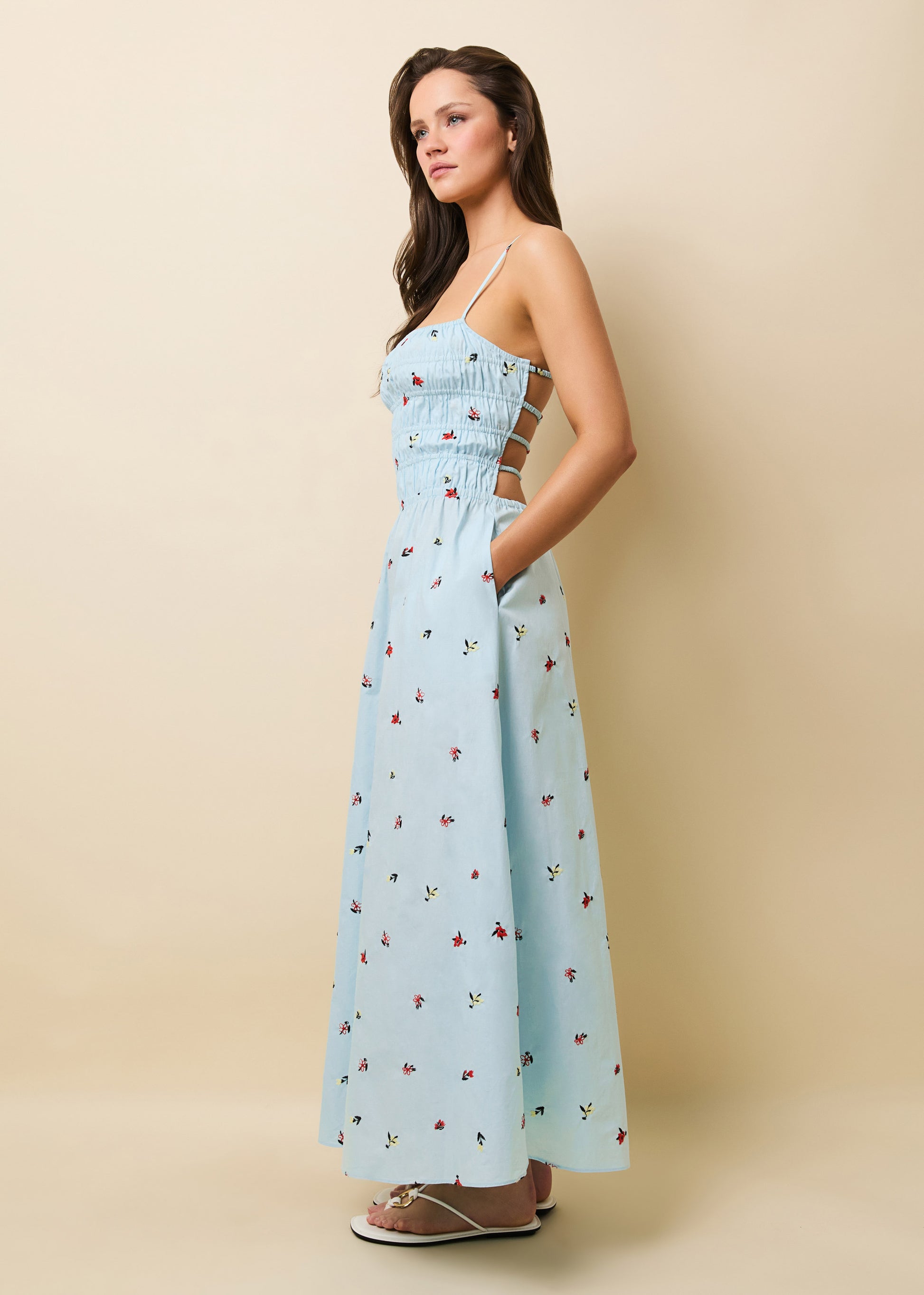 Delta Midi Dress Poplin Embroidered Sky Ditsy Floral Delta Midi Dress Poplin Embroidered Sky Ditsy Floral