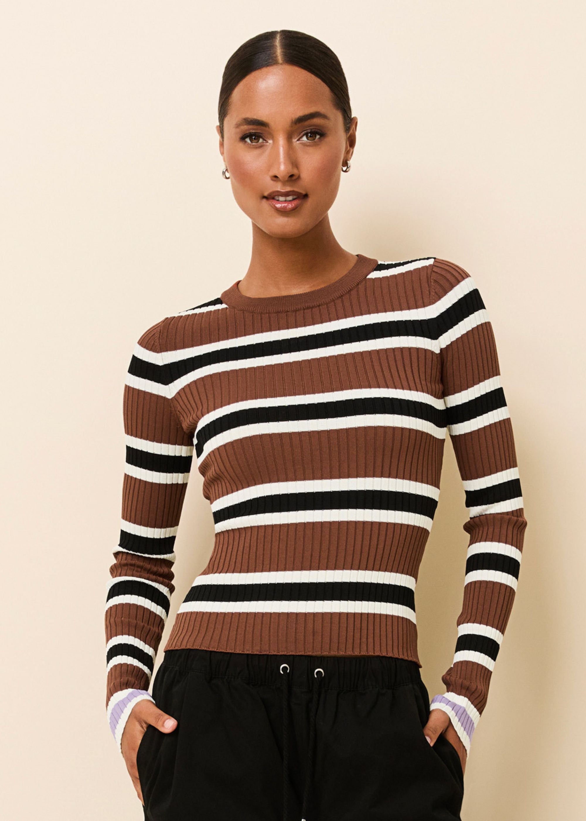 Dora Ribbed Knit Top Coconut Noir Stripe