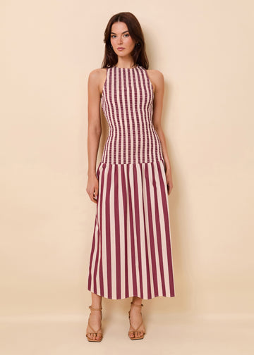 Arlin Dress Smocked Poplin Sangria / Stone Stripe