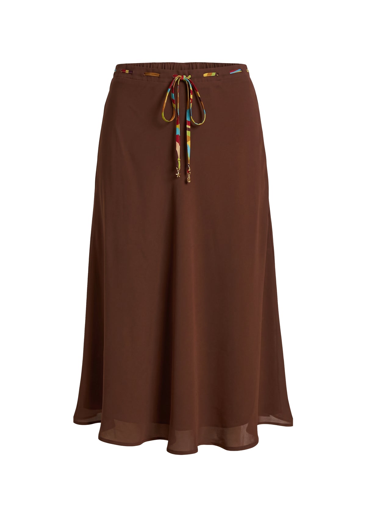 A brown midi skirt with a colorful patterned drawstring waist, shown against a plain white background.