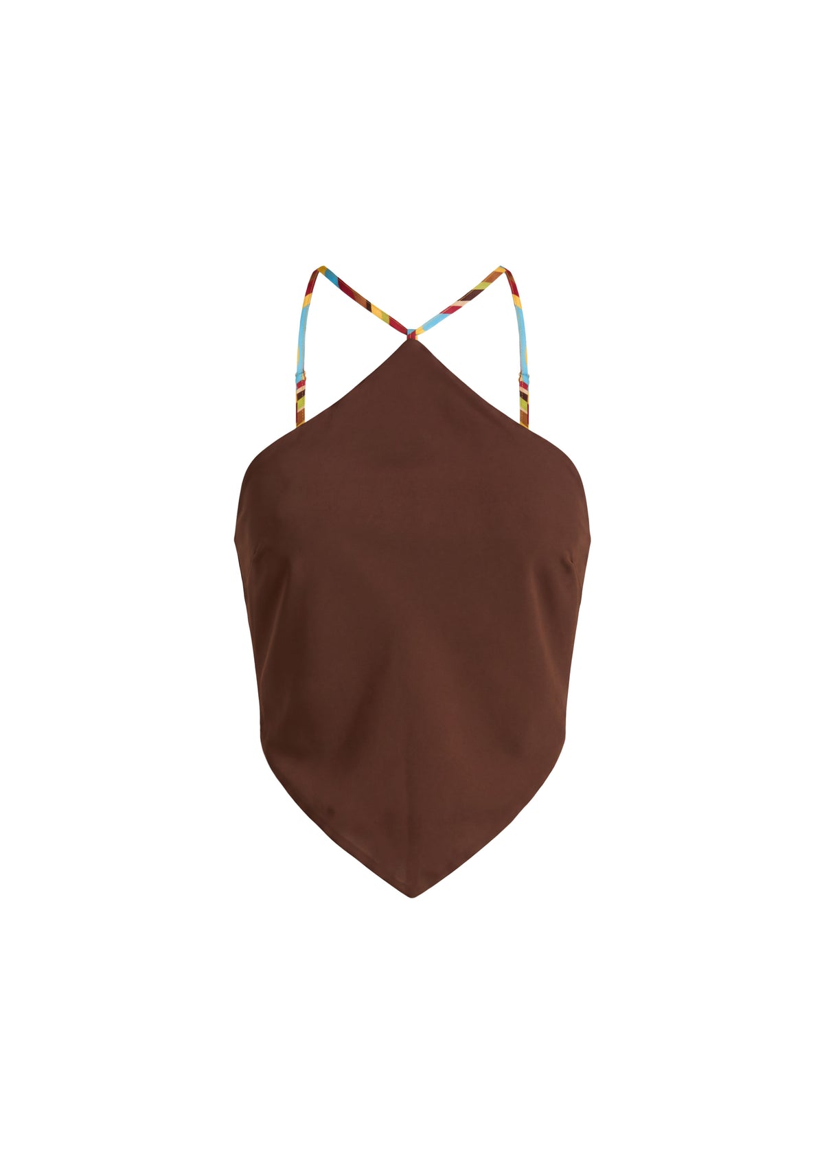 A brown scarf top with thin, multi-colored straps, shown against a plain white background.