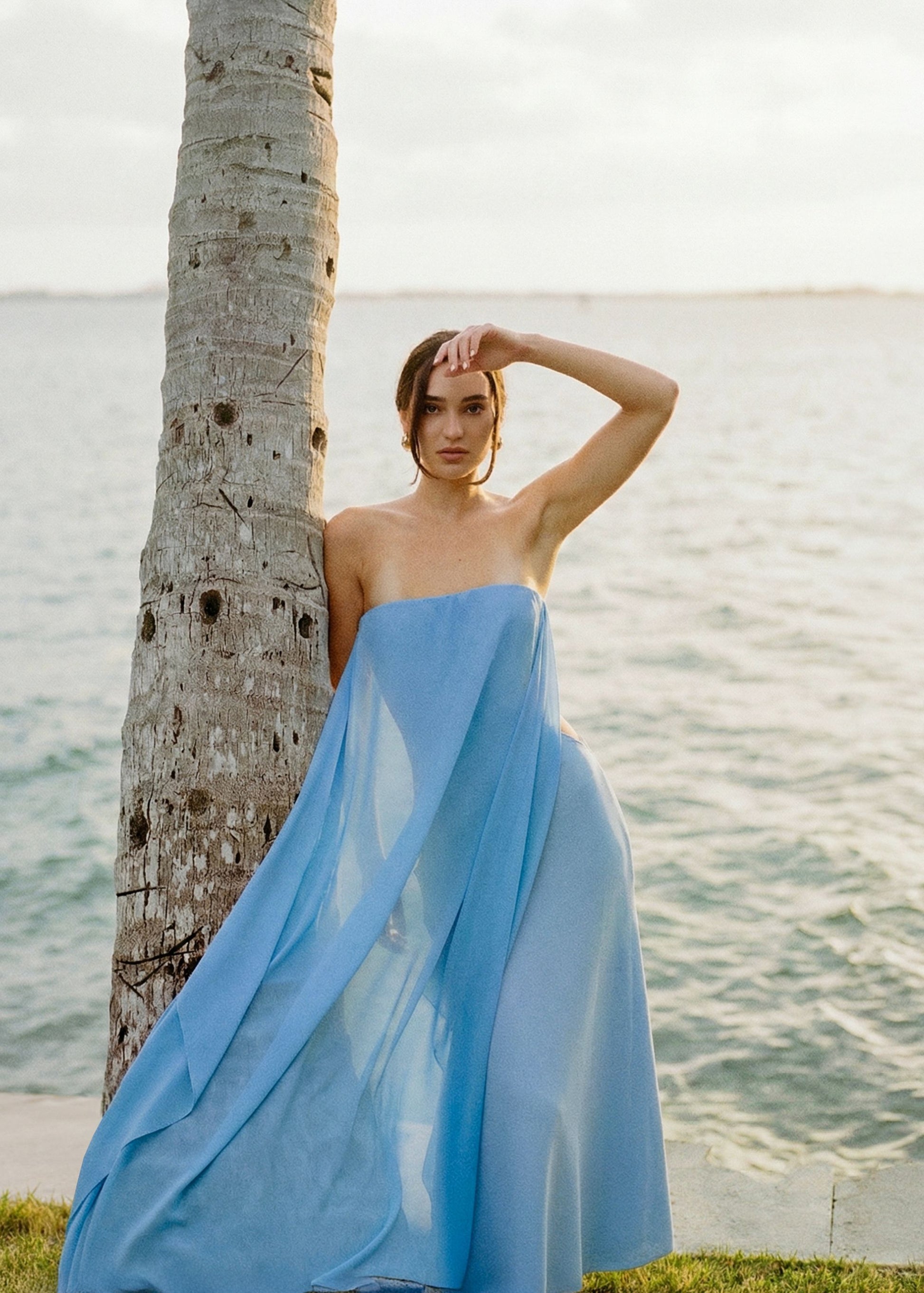 Woman wearing a blue dress with a gauzy fabric overlay standing by a palm tree by the water