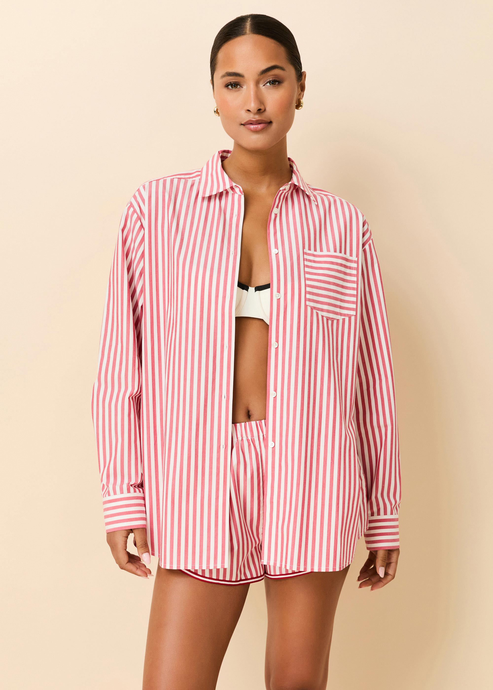 Avril Button Down Washed Red Optic Stripe