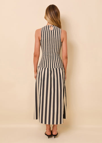 Arlin Dress Smocked Poplin Noir / Khaki Stripe