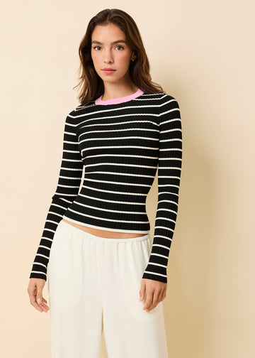 Dora Ribbed Knit Top Noir / Brule Stripe / Bon Bon