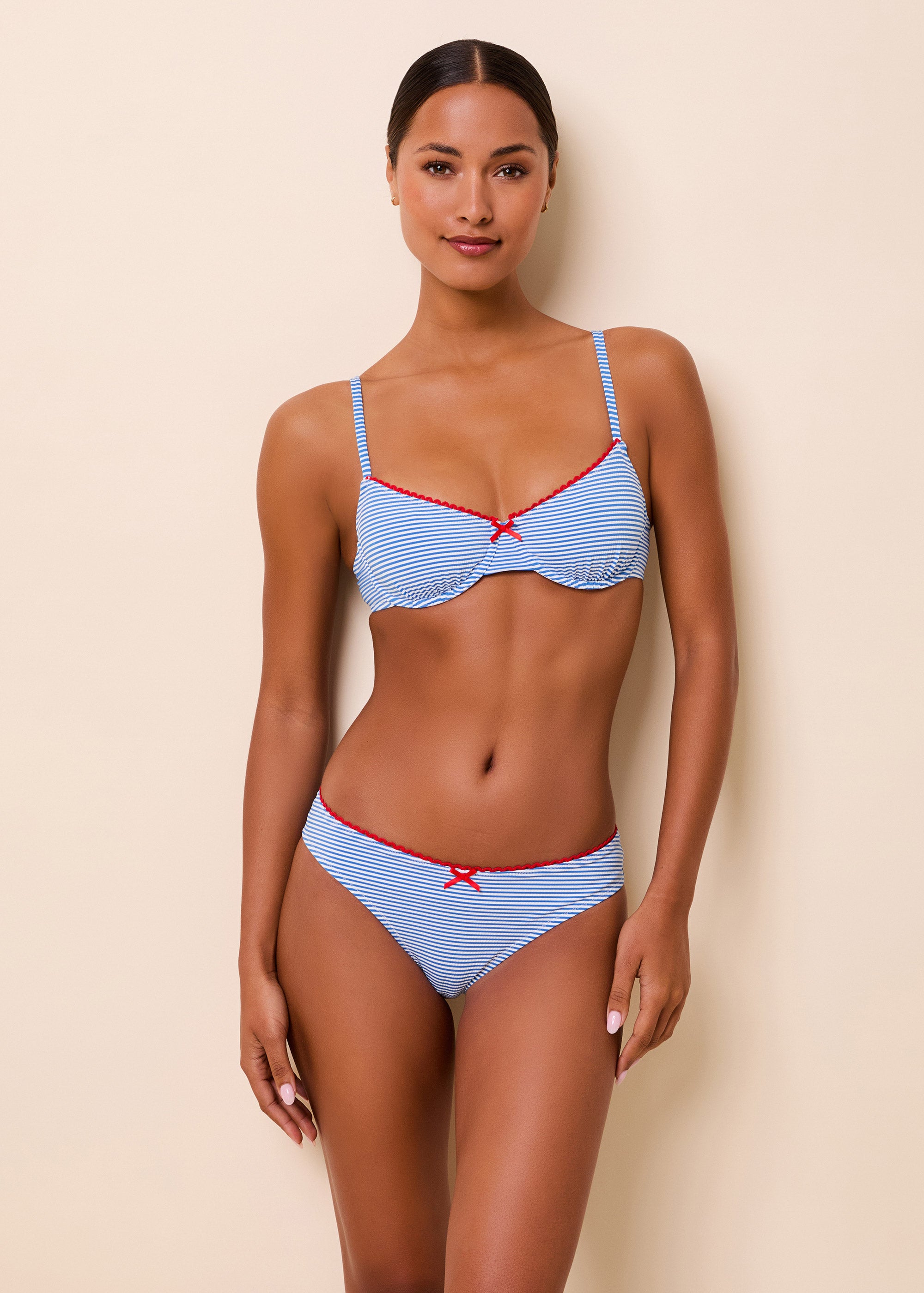 Daphne Bikini Top Seersucker Marina Blue Stripe / Lipstick Red