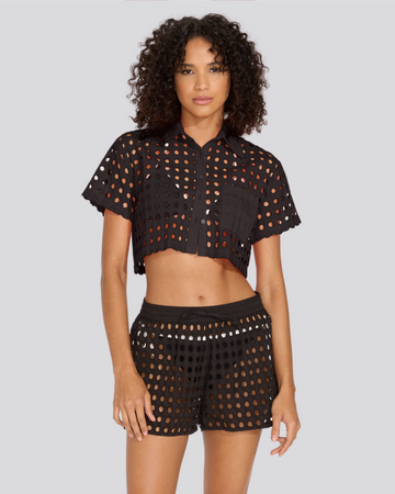 Eyelet Cropped Cabana Shirt Noir