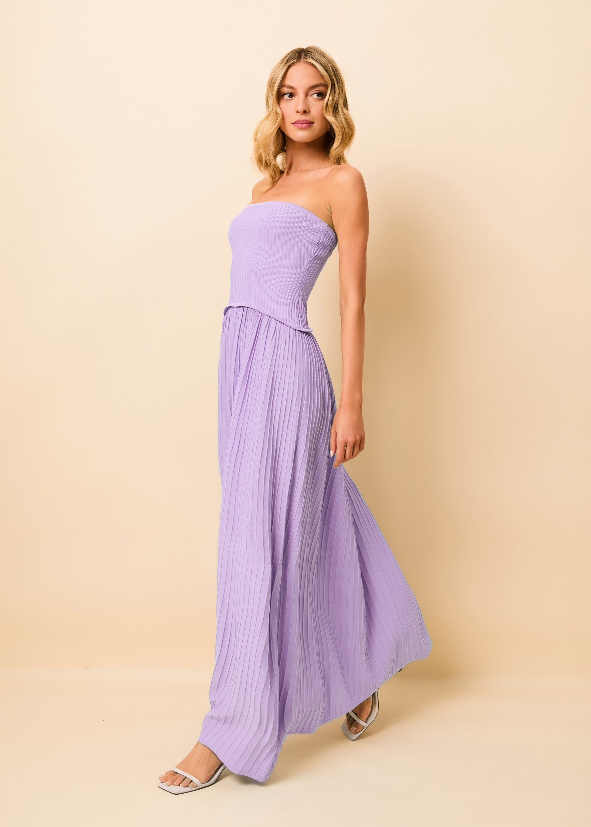 lavender pleated dress Strapless Soglio Ribbed Line Prom Dress Women's Genuine Leather Flat Size:Large 7/8 SCV020688