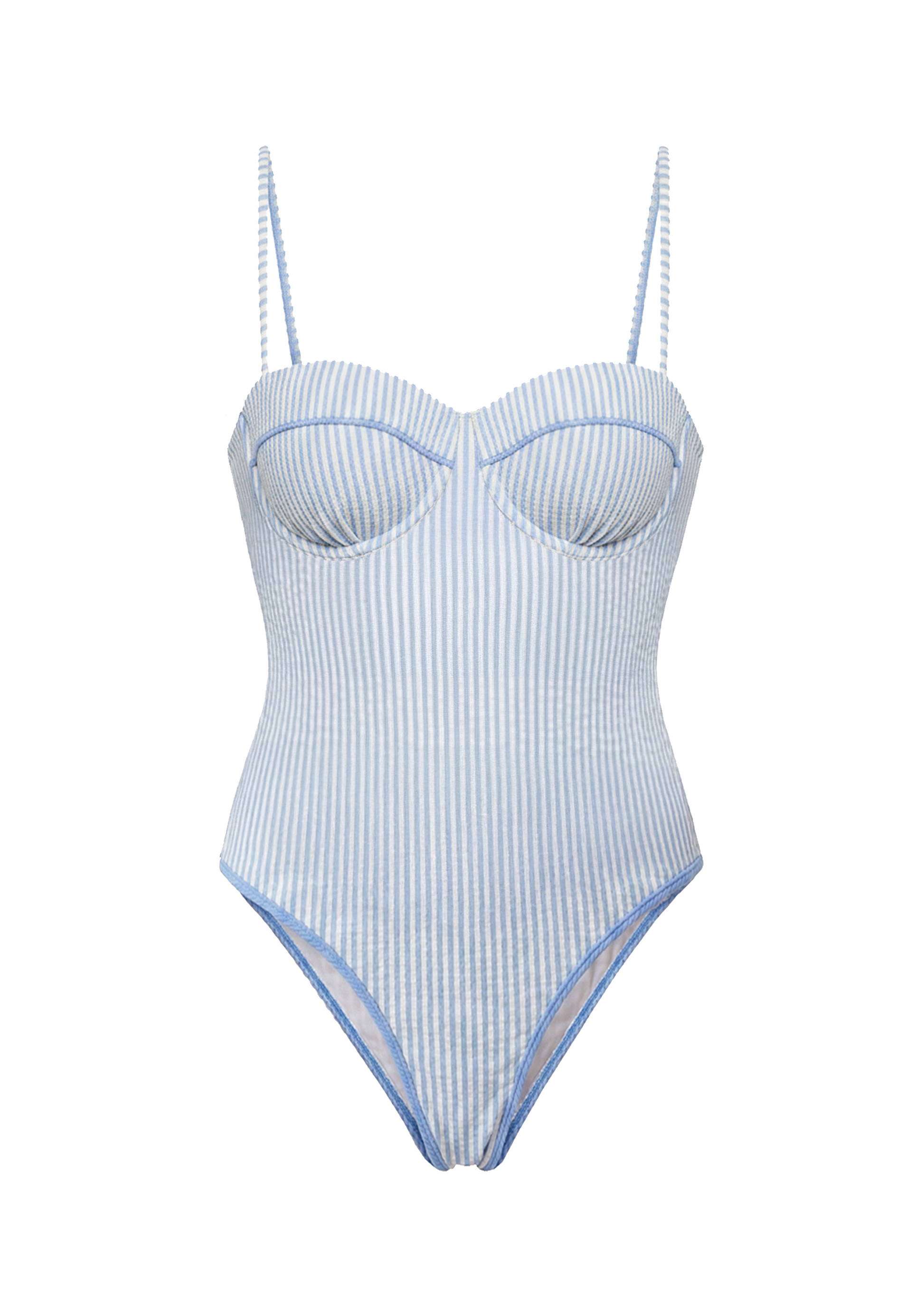 Blue and white striped swimsuit on a white background