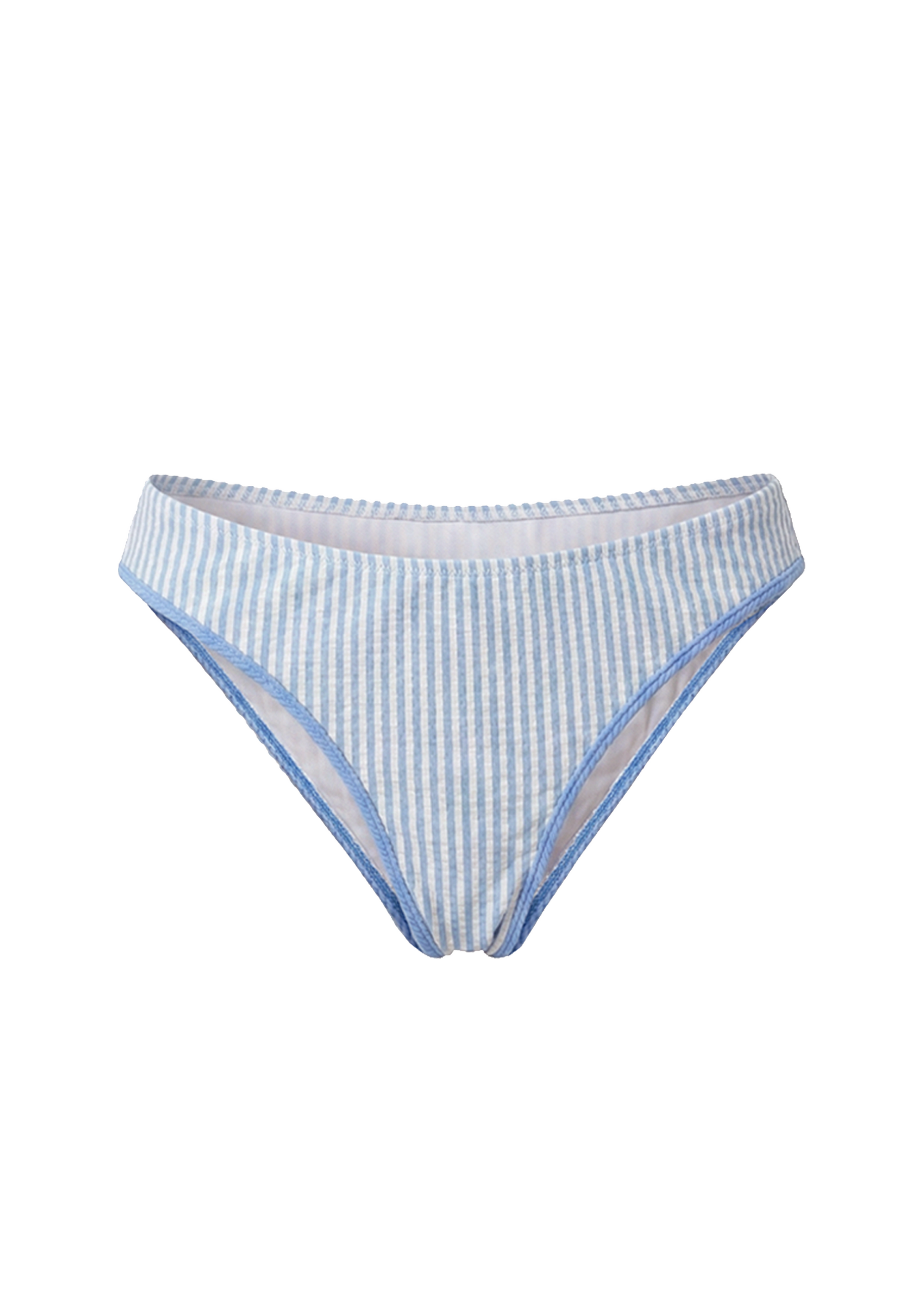 Blue and white striped bikini bottom on a white background