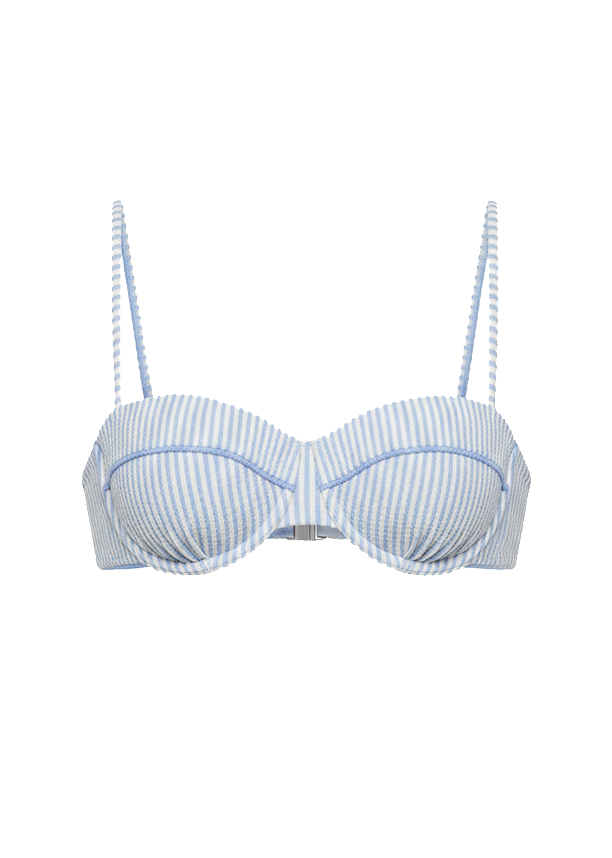White and blue striped bikini top on a white background