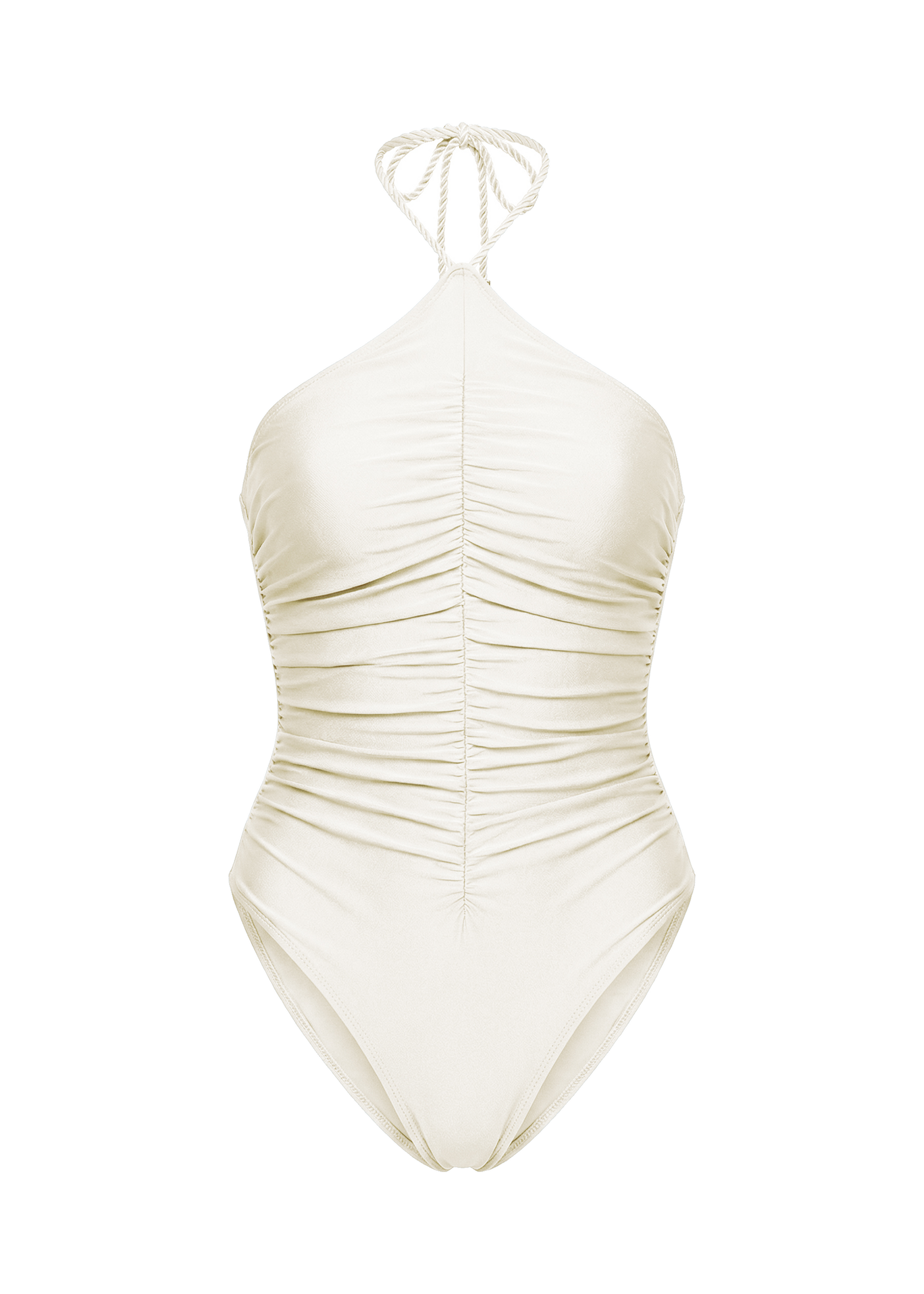 White ruched swimsuit on a white background