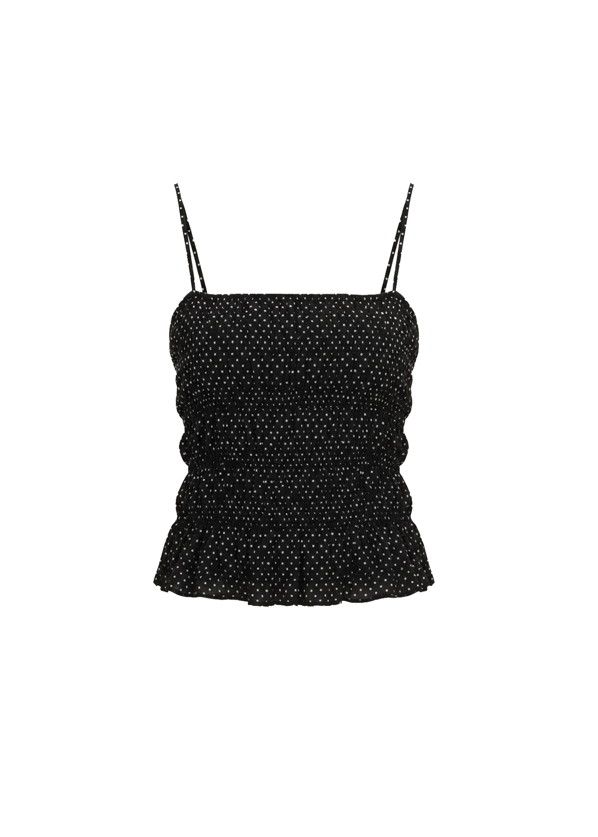 Black smocked top with thin straps on a white background