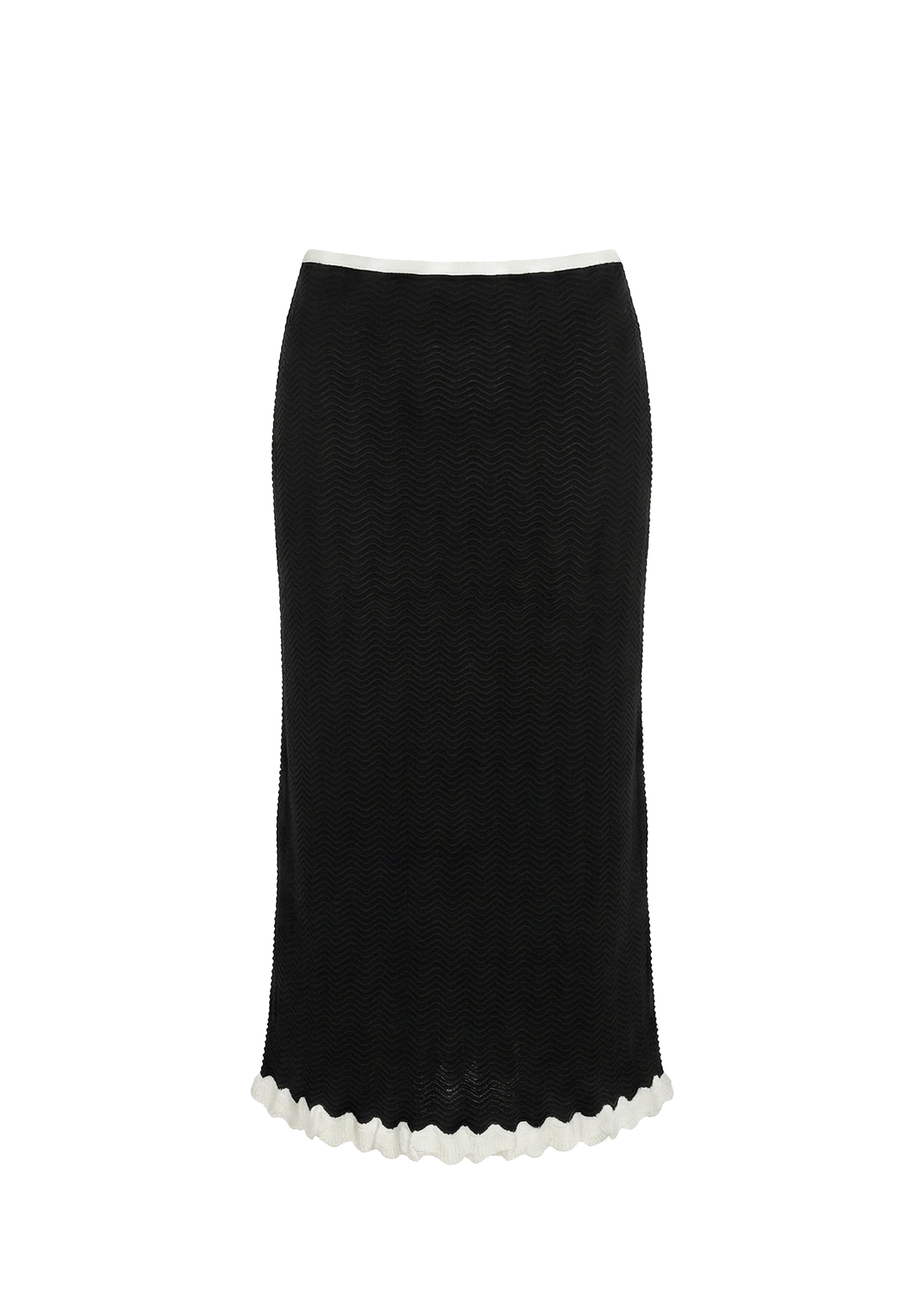 Black skirt with white ruffle trim on a white background