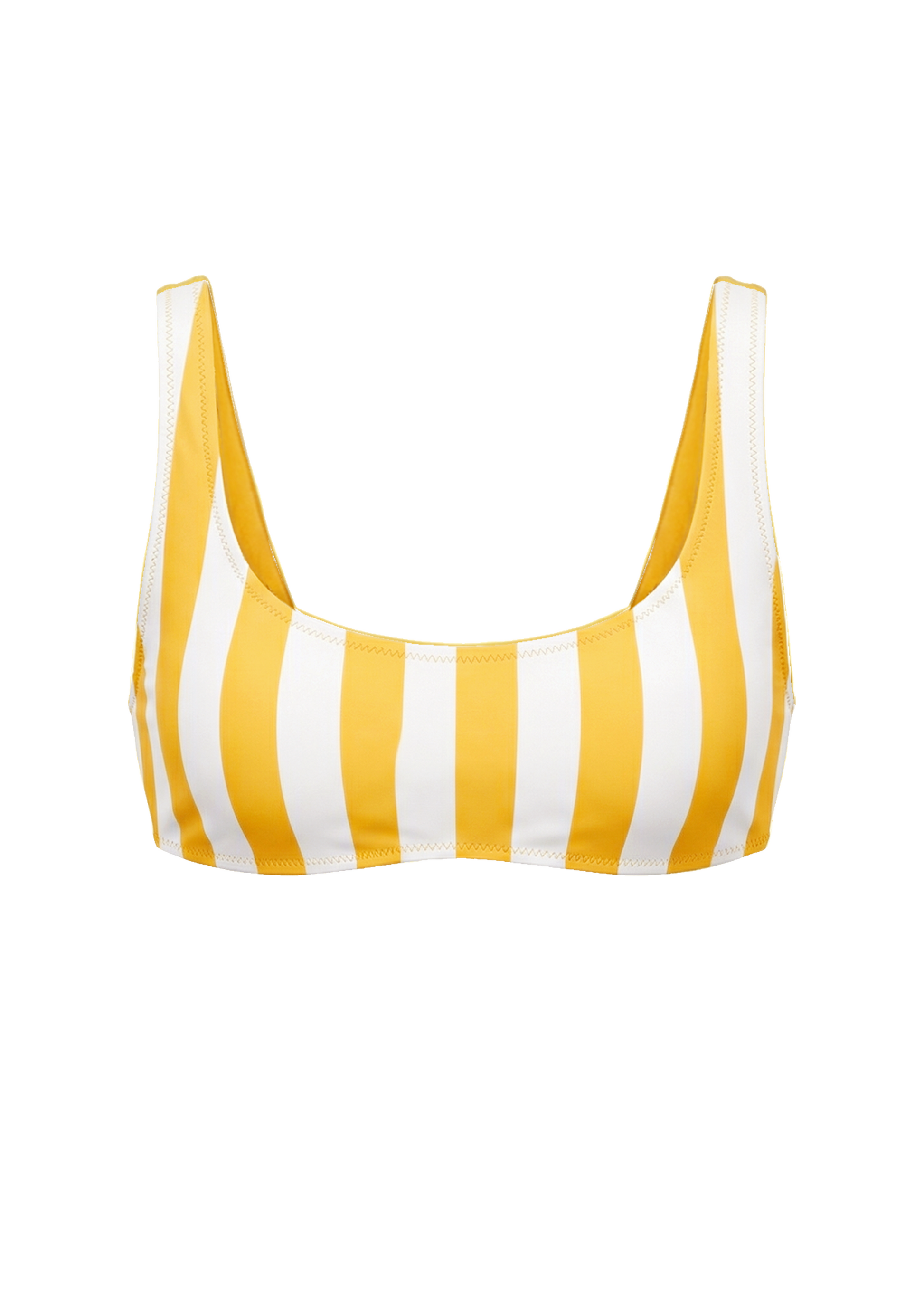 Yellow and white striped bikini top on a white background
