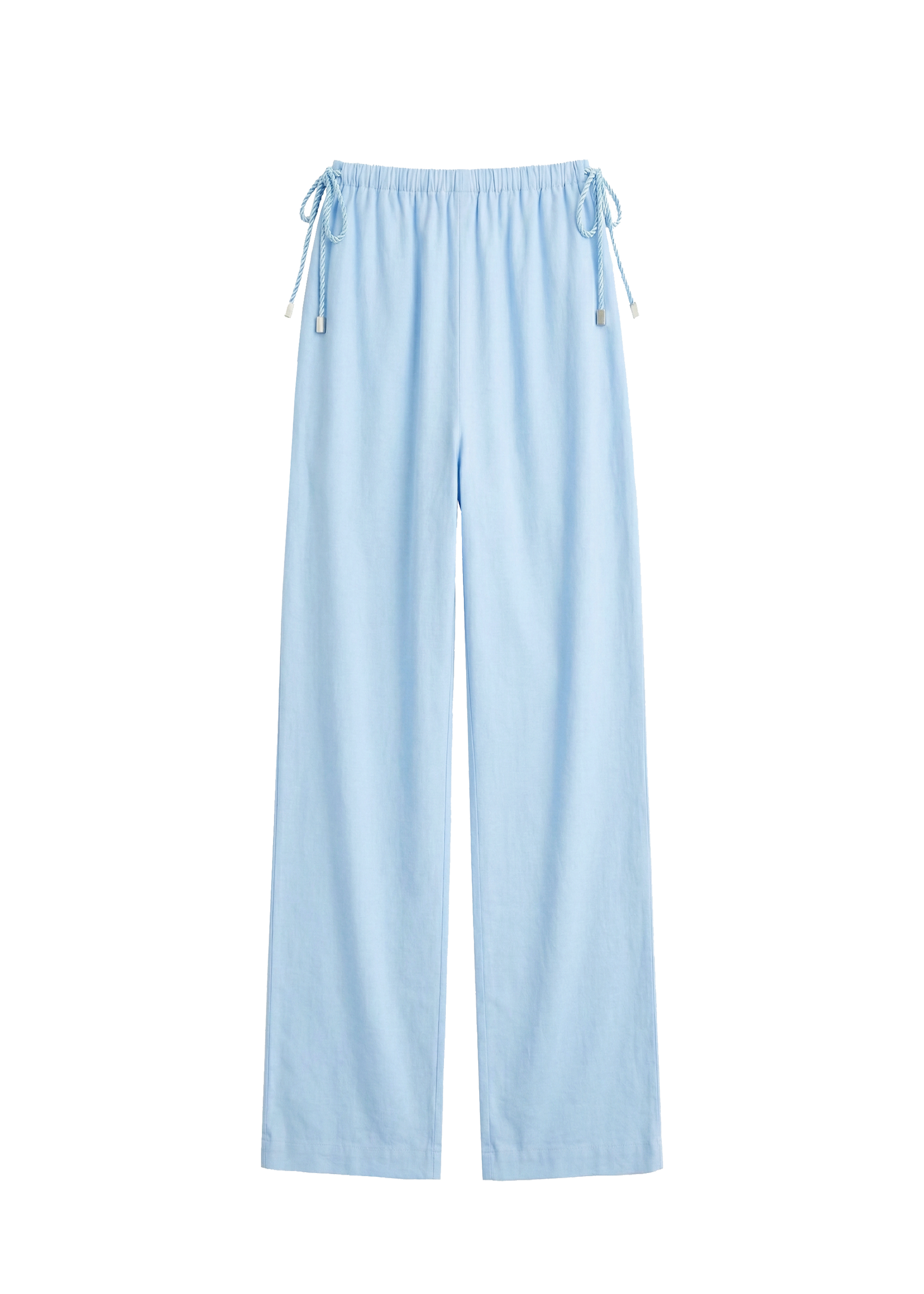 Light blue pants with drawstring waist on a white background