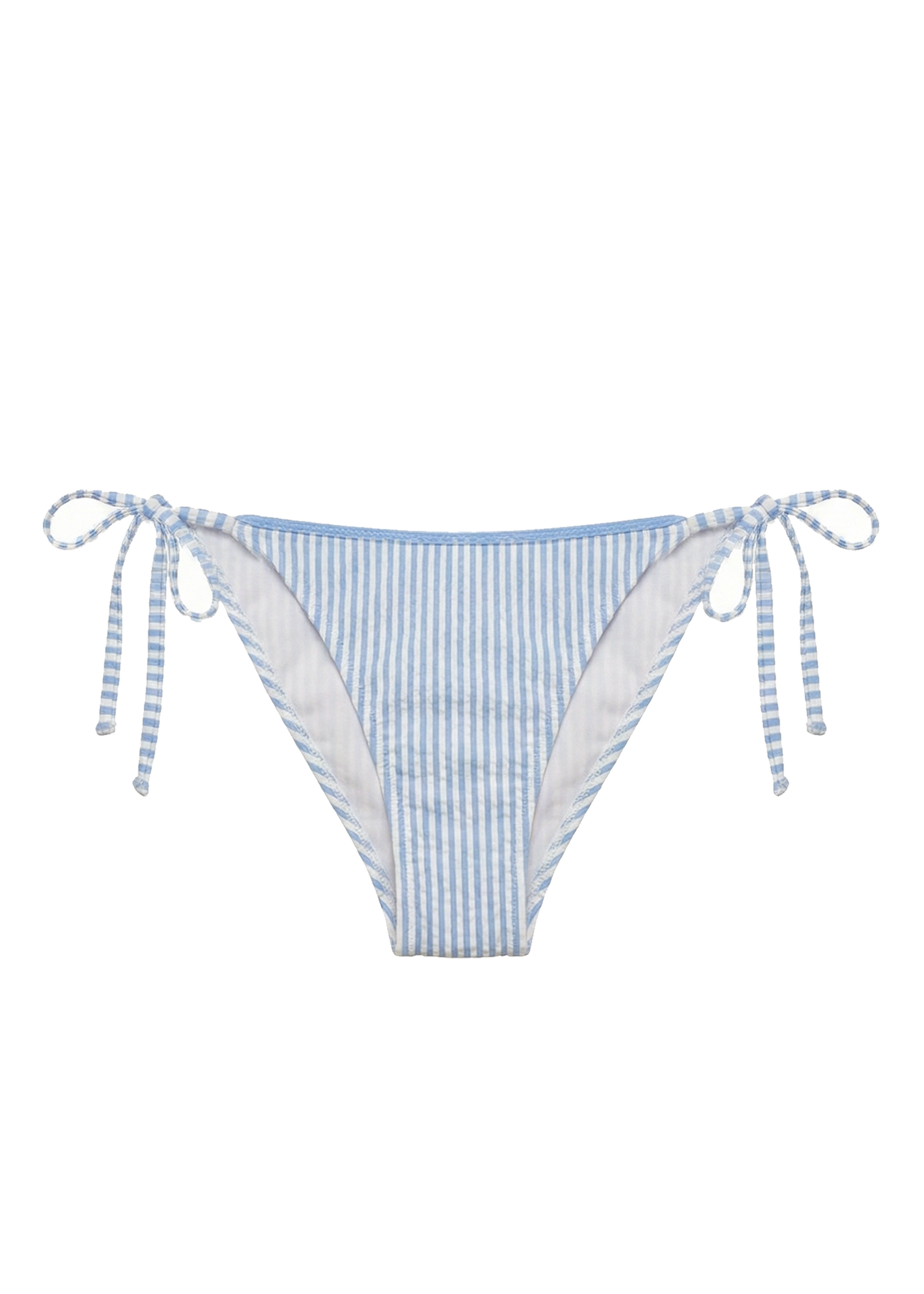 Blue and white striped bikini bottom on a white background