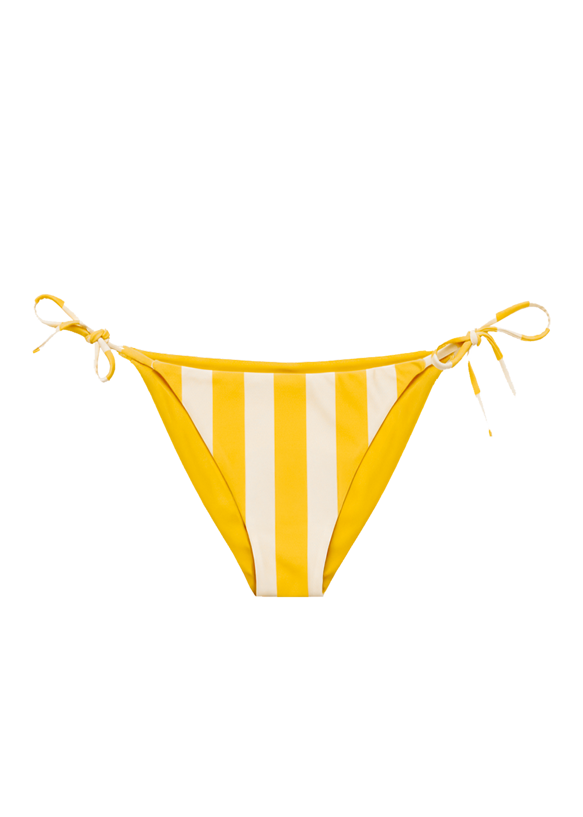 Yellow and white striped bikini bottom with tie sides on a white background
