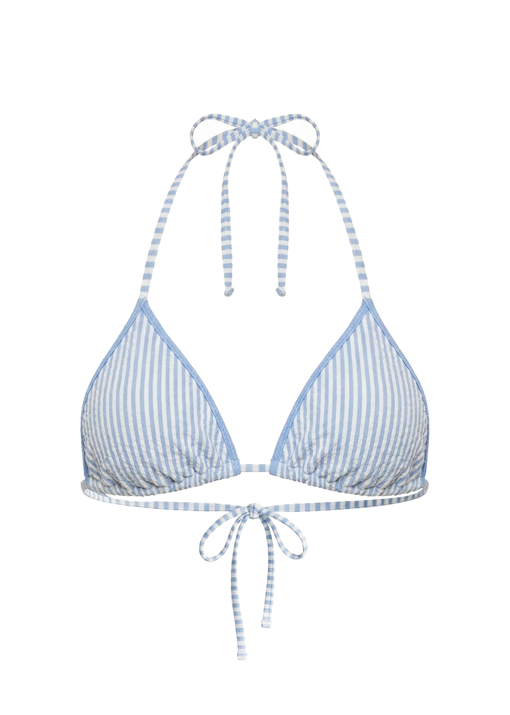 Blue and white striped bikini top on a white background
