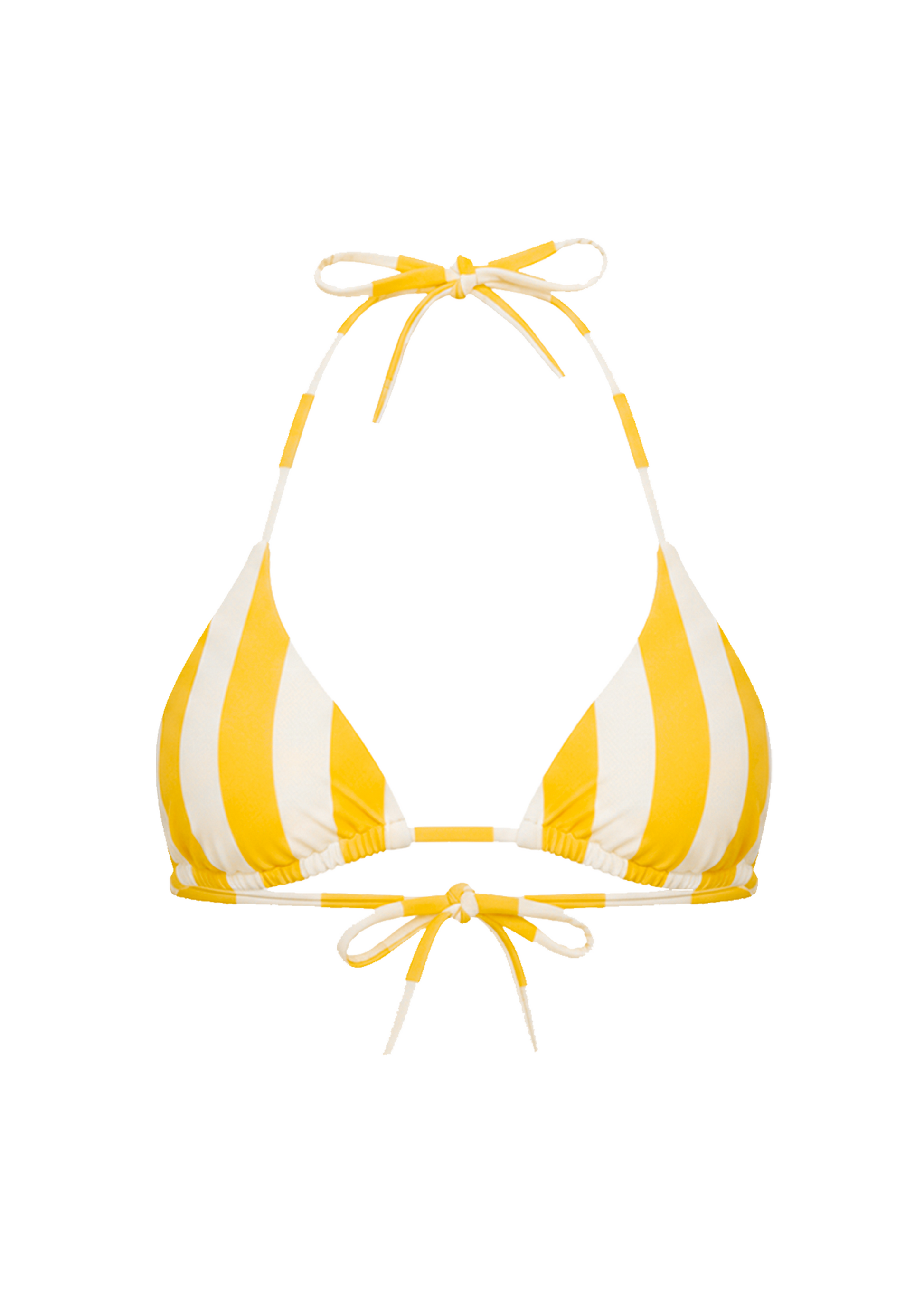 Yellow and white striped bikini top on a white background