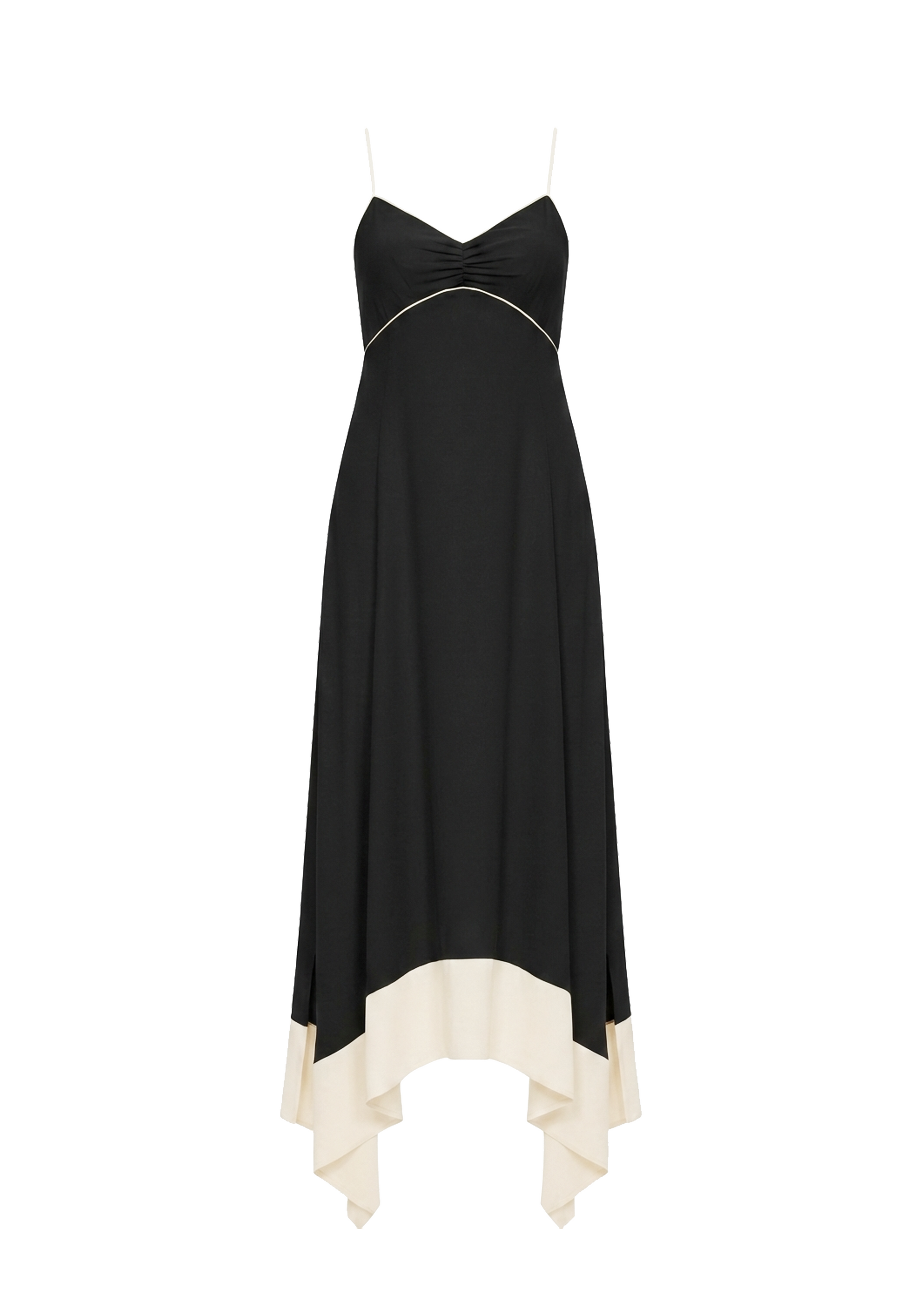 Black and white dress with a high-low hem on a white background