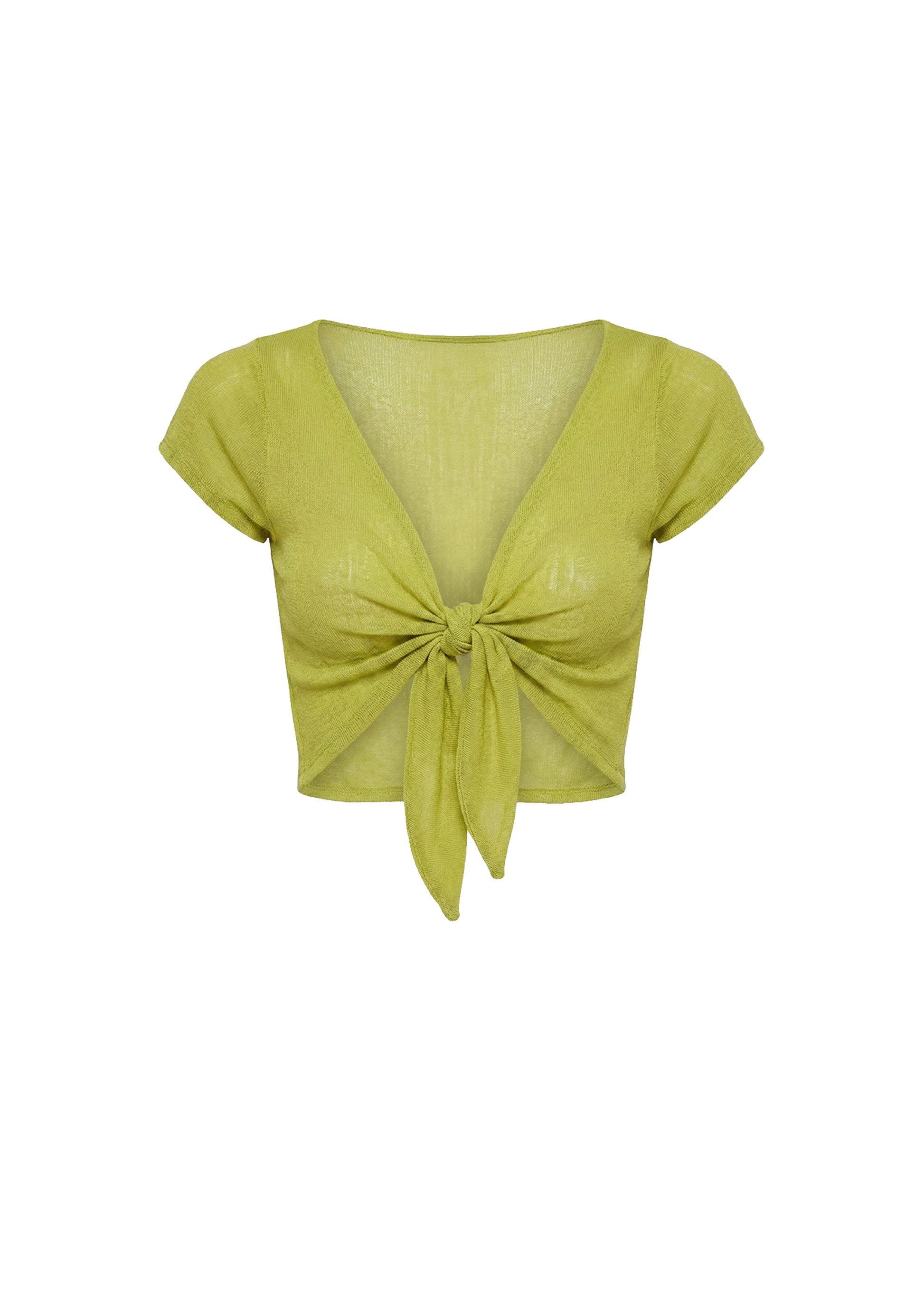 Green crop top with a knot detail on a white background