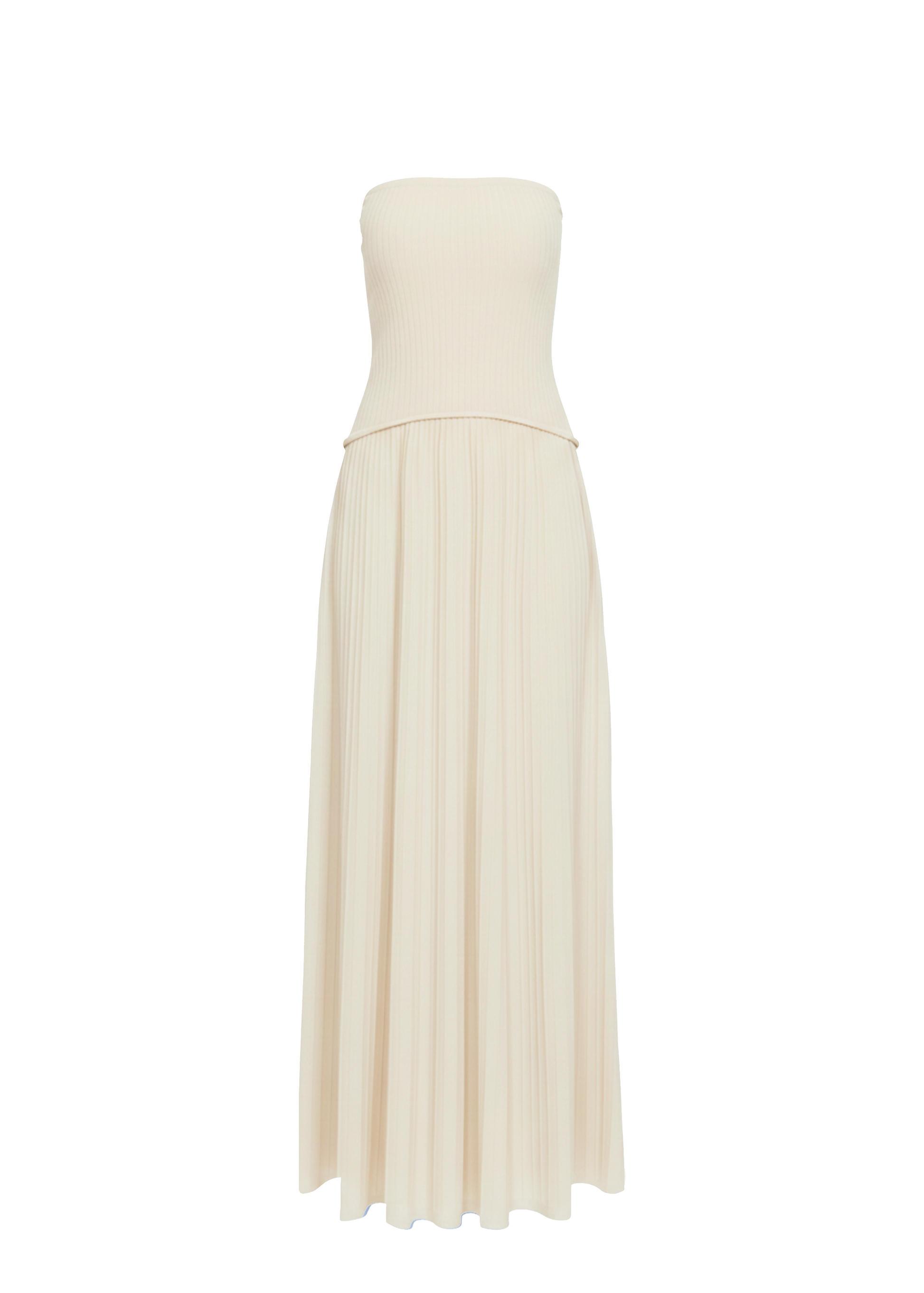 White strapless dress with ribbed skirt on a white background