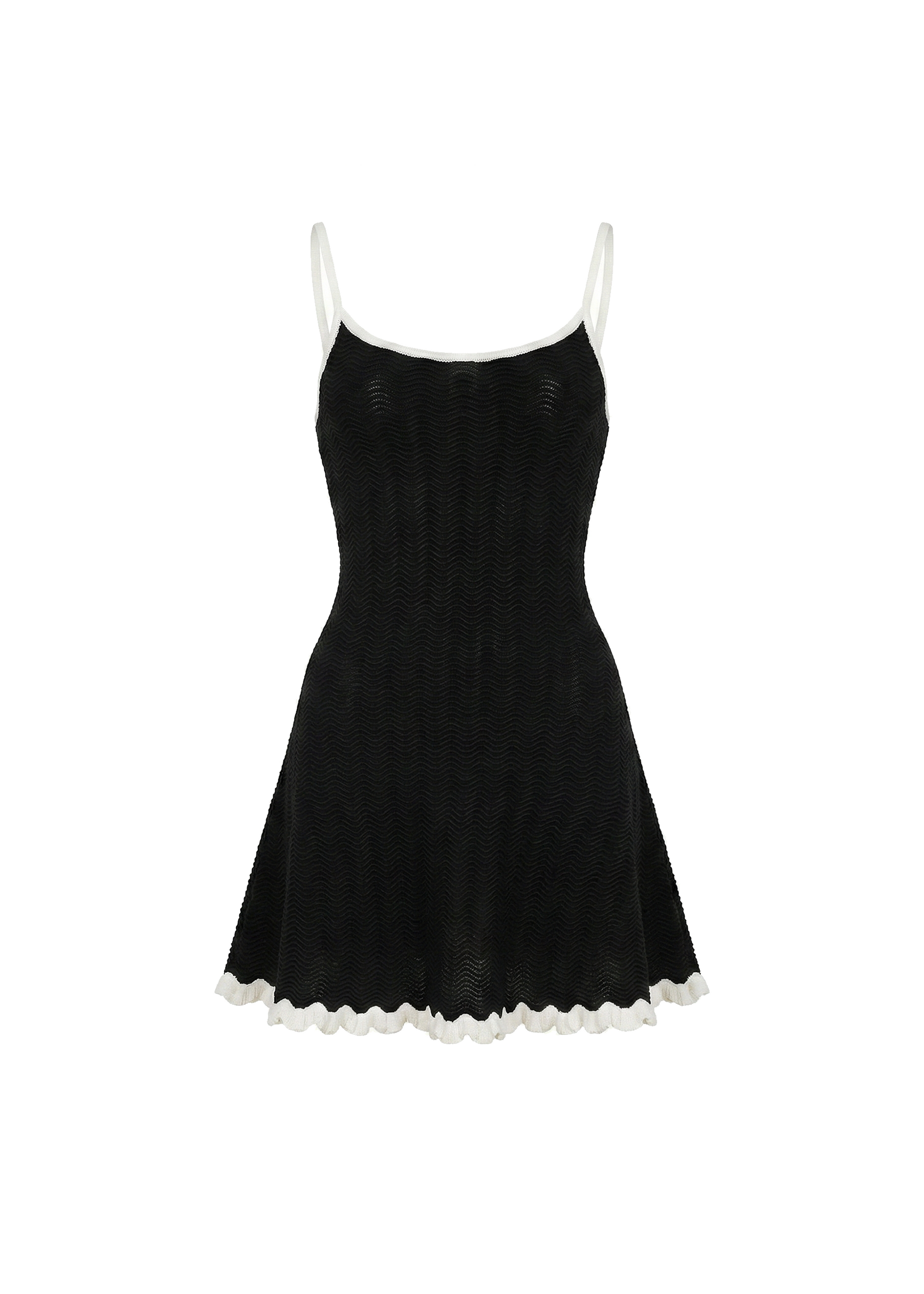 Black dress with white trim on a white background