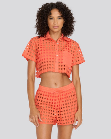 Eyelet Cropped Cabana Shirt Hot Coral