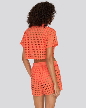 Eyelet Cropped Cabana Shirt Hot Coral