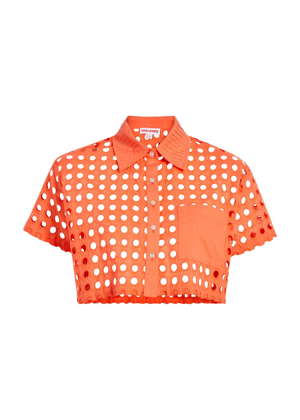 The Eyelet Cropped Cabana Shirt in Hot Coral